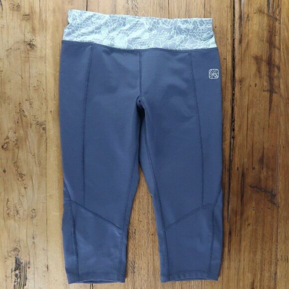 PURPLE WITH SEA FOAM GREEN & GREY DESIGN WIDE WAISTBAND FITNESS CAPRI SIZE SMALL - Picture 2 of 10